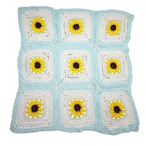 Handmade Sunflower Crochet Baby Blanket Aqua Blue White Yellow Granny Square 3x3